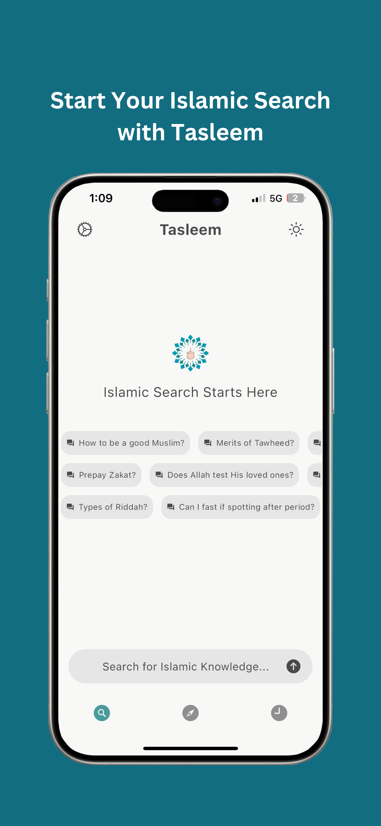 Tasleem app home screen showing Islamic search interface with authentic sources