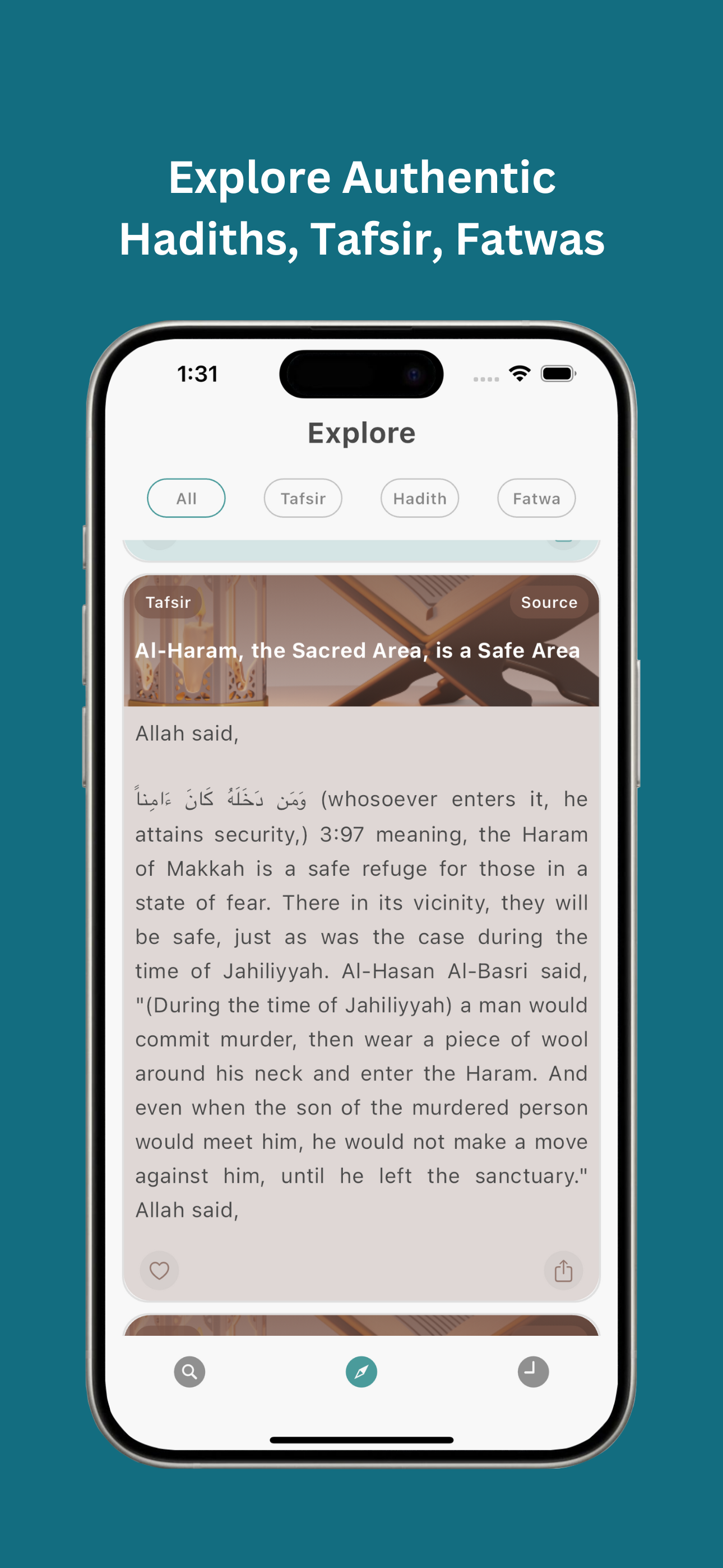 Tasleem app search results displaying Quran verses and Hadith references